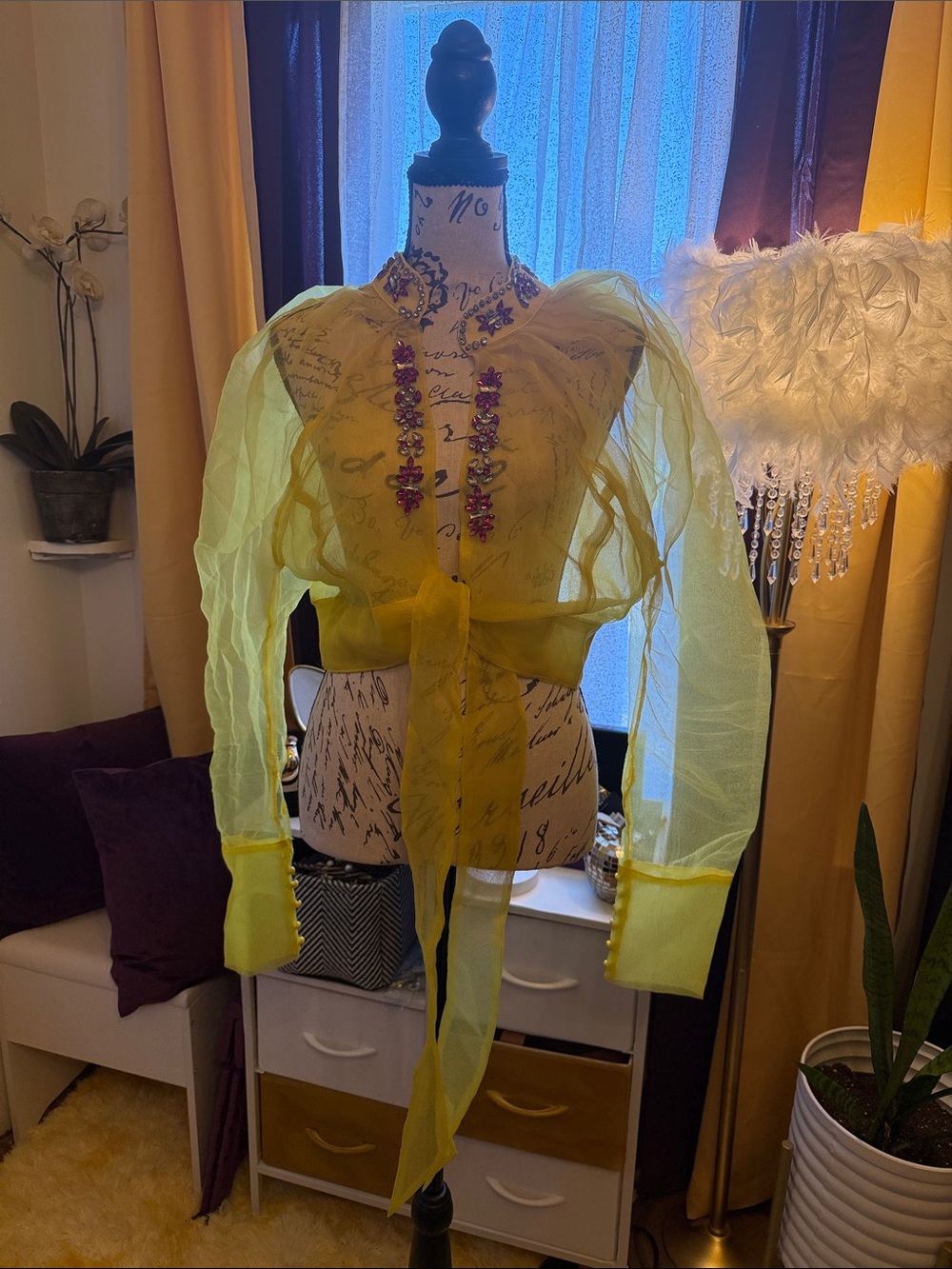 AKIRA Sheer Yellow Tie-Front Puff Sleeve Blouse